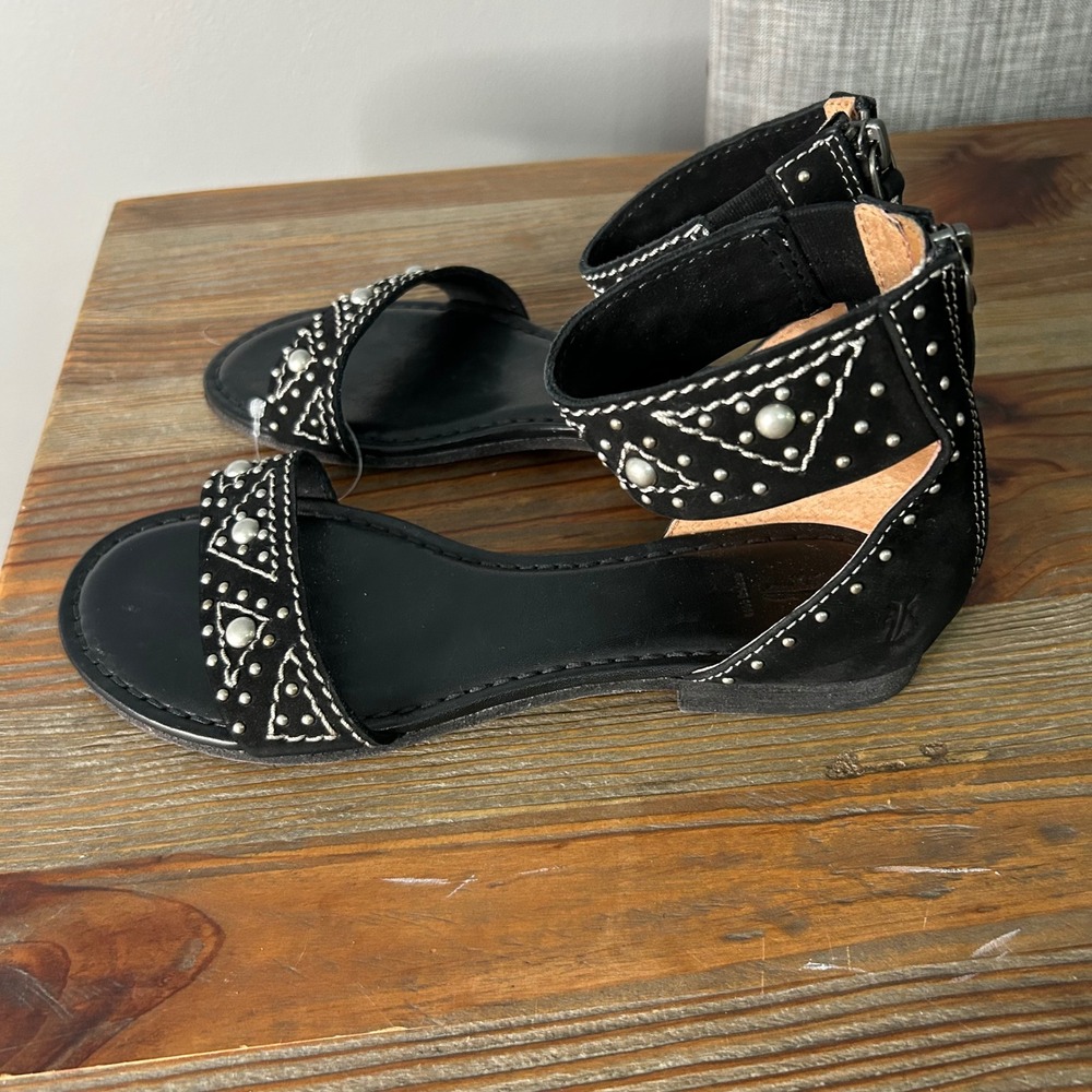 Frye Black Suede Studded Ankle Strap Flat Sandals Zip Up boho flats‎